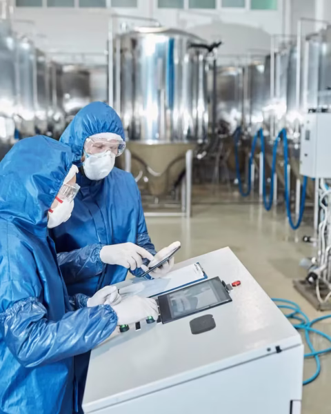 trabajadores revisando el mapa de riesgos de una planta farmacéutica