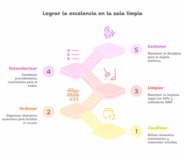 Infografía en forma de escalera que explica las 5S (Clasificar, Ordenar, Limpiar, Estandarizar, Sostener) aplicadas a salas limpias farmacéuticas.