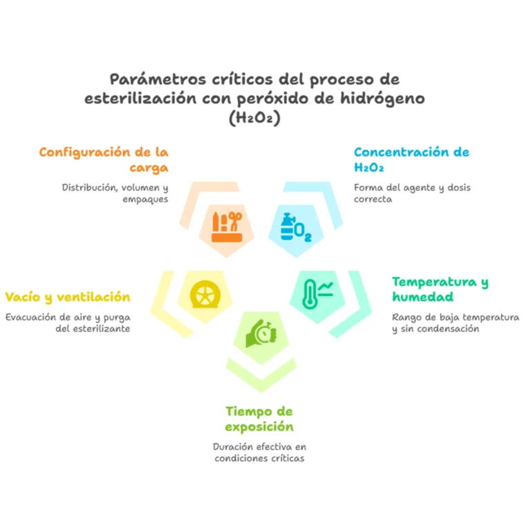 Diagrama de cinco parámetros críticos del proceso de esterilización en hospitales: configuración de la carga, concentración de H₂O₂, temperatura y humedad, vacío y ventilación, y tiempo de exposición.