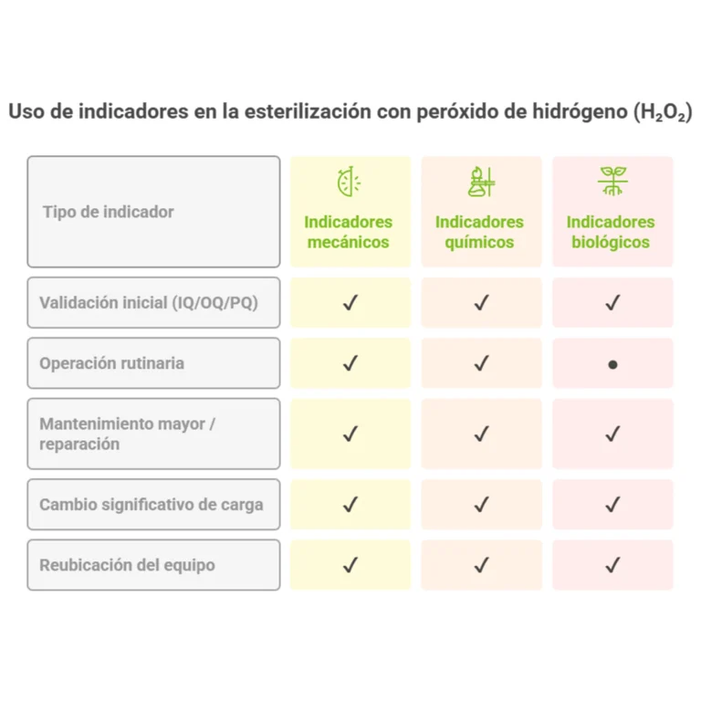 Tabla comparativa del uso de indicadores mecánicos, químicos y biológicos en la esterilización con peróxido de hidrógeno, según el momento del proceso: validación inicial, operación rutinaria, mantenimiento mayor, cambio de carga y reubicación del equipo.