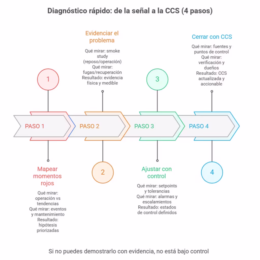 Diagrama de flujo en 4 pasos para diagnosticar desviaciones en salas limpias: mapear, evidenciar, ajustar y cerrar con CCS.