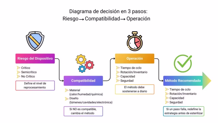 Diagrama para elegir un método de esterilización en tres pasos: riesgo del dispositivo, compatibilidad y operación diaria.
