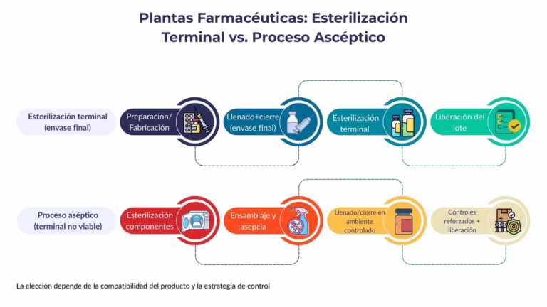 Diagrama de flujo que compara esterilización terminal en envase final con proceso aséptico en fabricación farmacéutica.