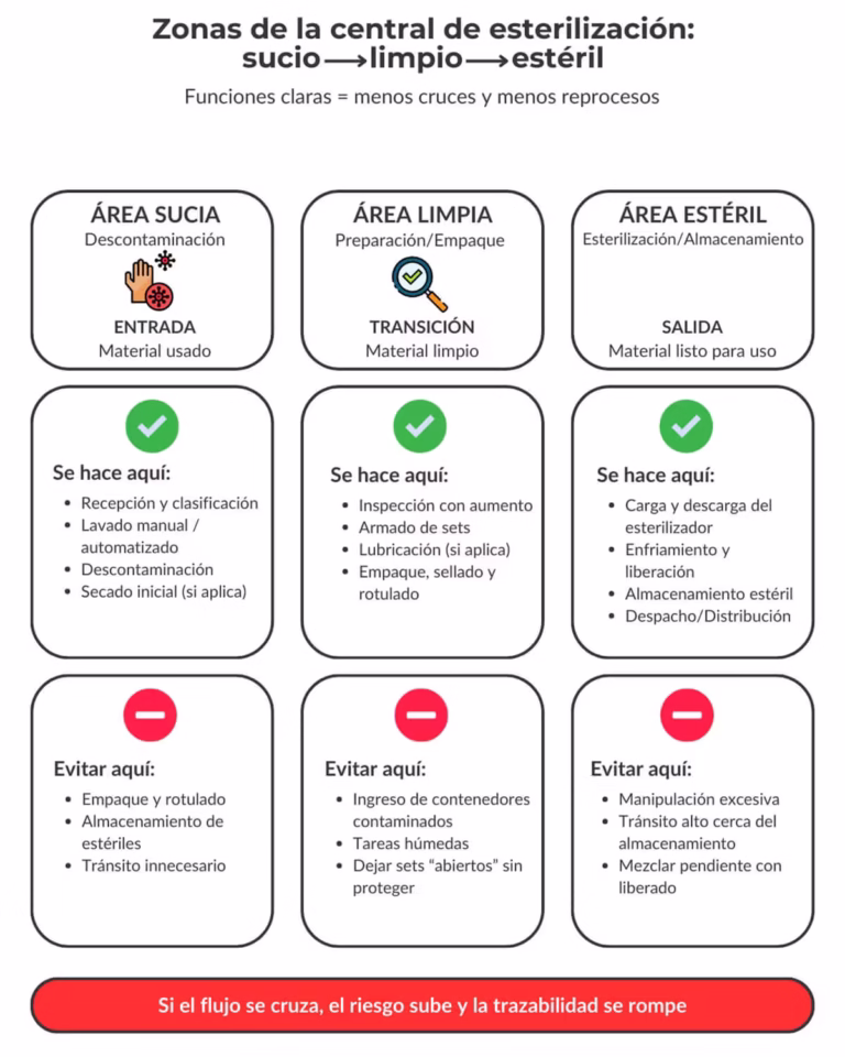 Infografía de las zonas de la central de esterilización hospitalaria: zona sucia, limpia y estéril