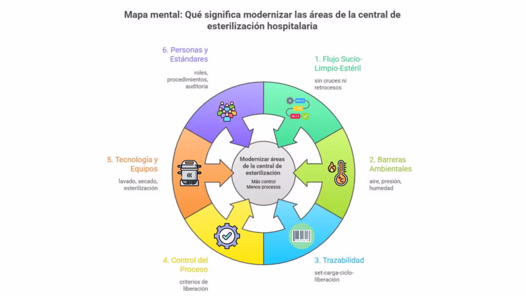Mapa mental sobre modernizar las áreas de la central de esterilización hospitalaria