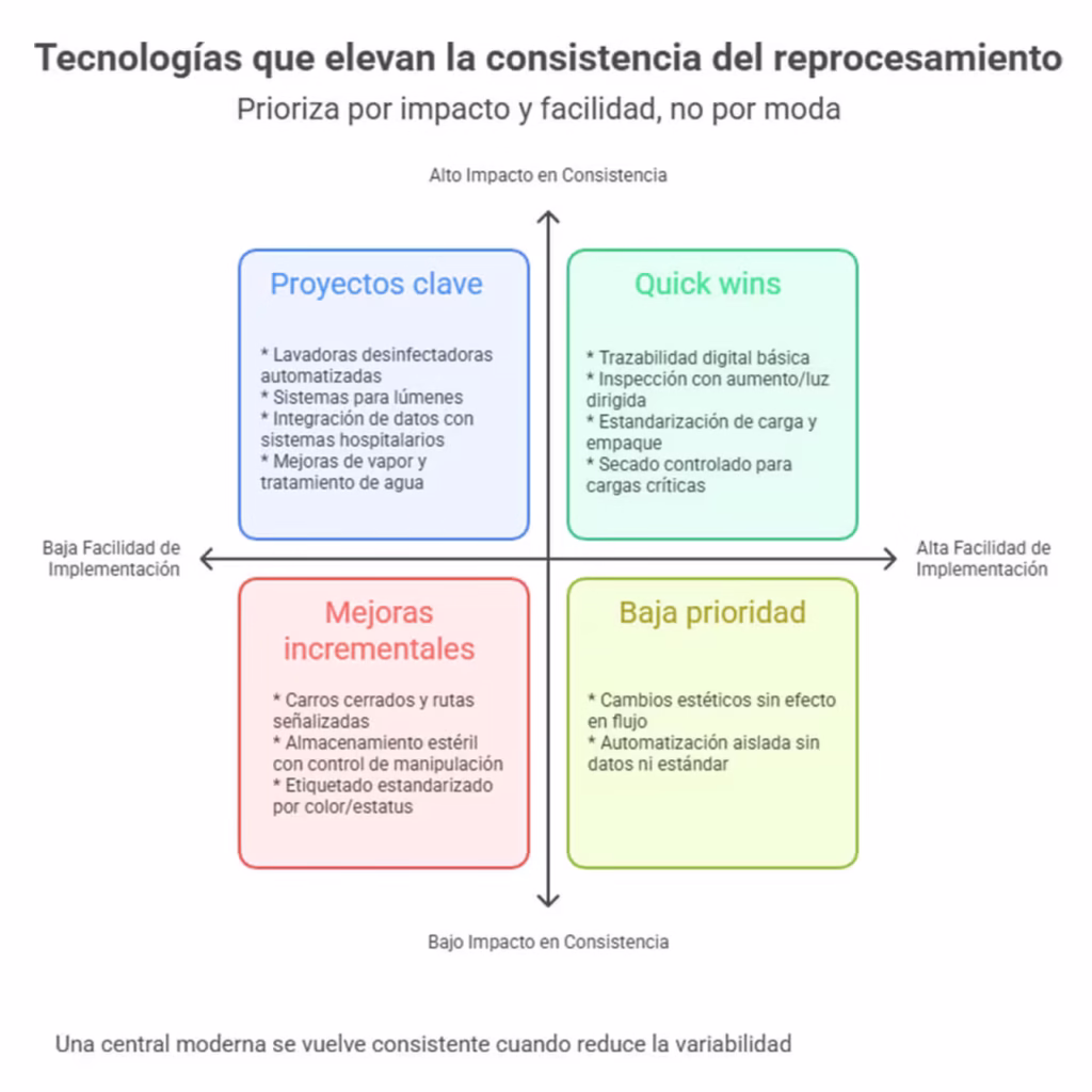 Matriz impacto vs facilidad de tecnologías para modernizar una central de esterilización hospitalaria