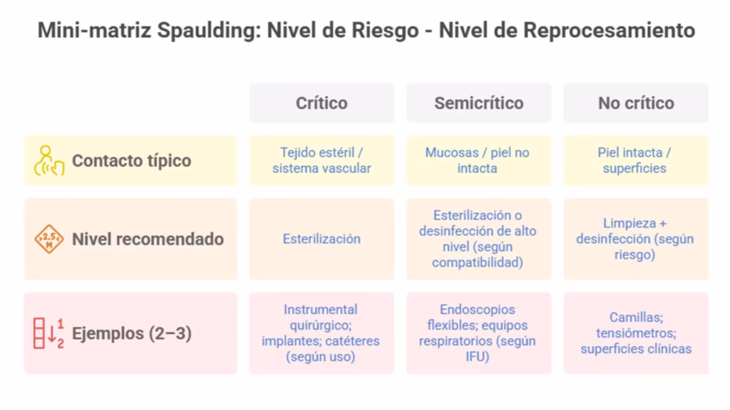Mini-matriz Spaulding que relaciona nivel de riesgo del dispositivo con el nivel recomendado de reprocesamiento.