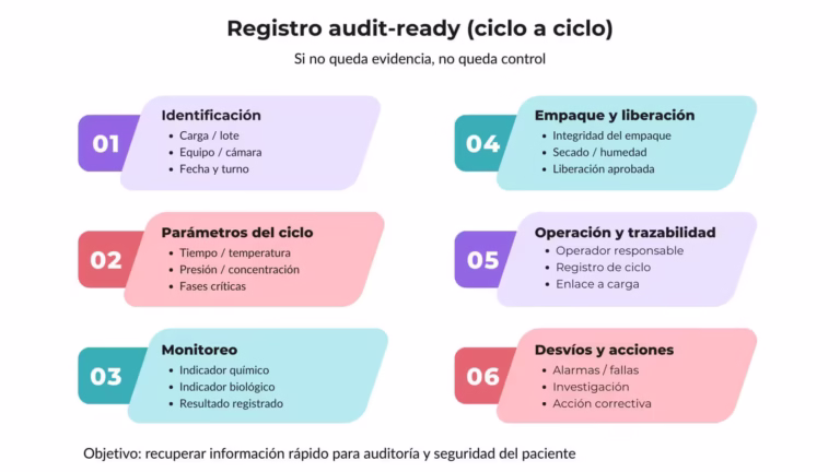 Panel con los elementos de un registro audit-ready en esterilización: identificación, parámetros, monitoreo, empaque, trazabilidad y desvíos.