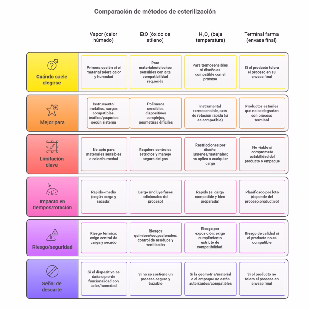 Tabla comparativa de métodos de esterilización: vapor, óxido de etileno, peróxido de hidrógeno y esterilización terminal en plantas farmacéutica.