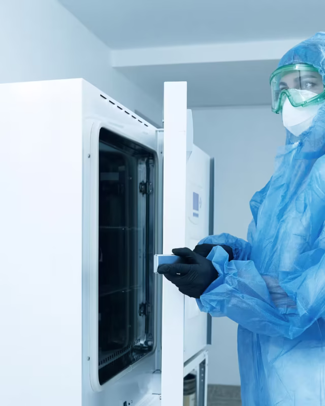 operaria frente a autoclave validando proceso de esterilización